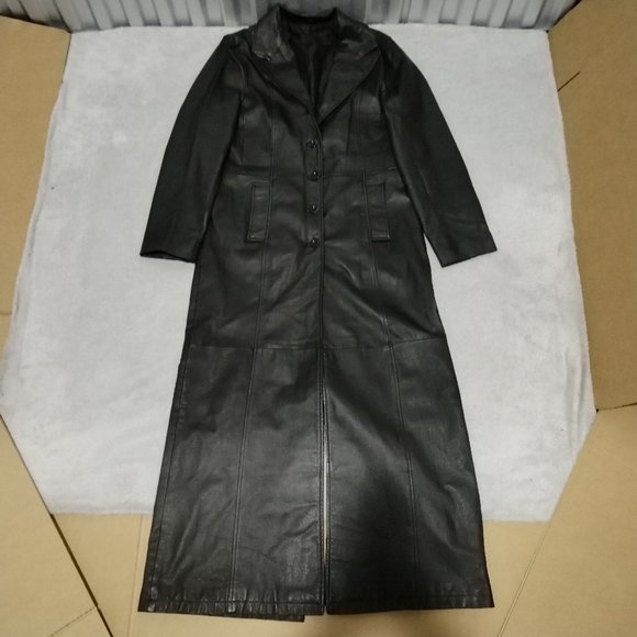 C&A Jackets & Blazers - VTG C&A Jacket Women 14 Black Nappa Leather Trench Coat Long Leg Slit Steampunk